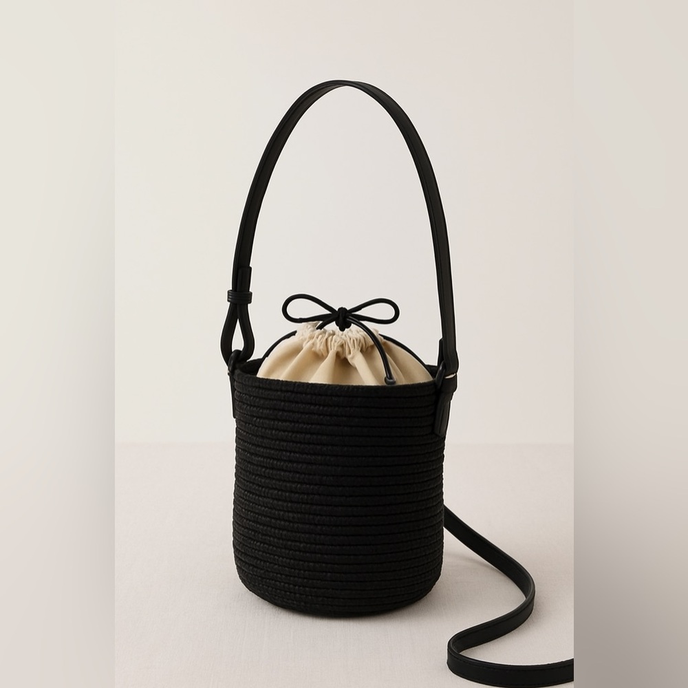 Zara Black Straw Bucket Bag with Adjustable Strap